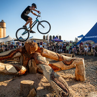 Thrilling trials bike display at Whatcom County's Waypoint Bike Park next to the main music stage