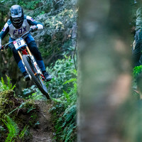 Downhill Mountain Bike Racer Henry Sherry racing at Dry Hill Bike Park in Port Angeles, WA. Photo by Patrik Zuest.