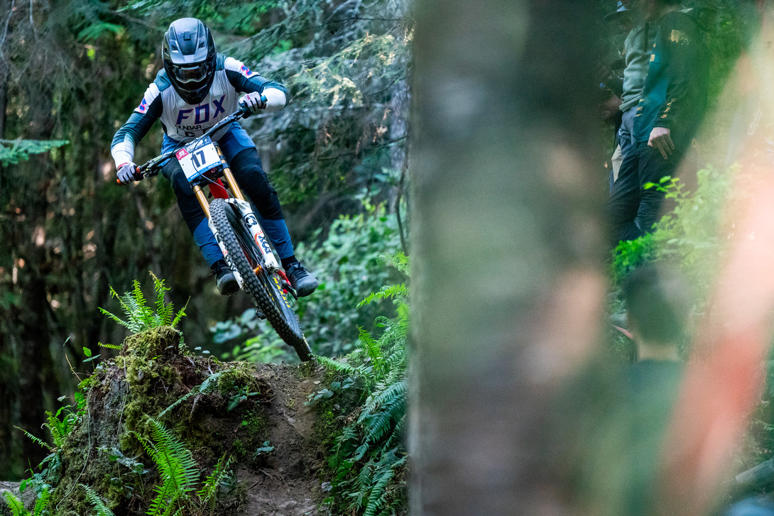 Downhill Mountain Bike Racer Henry Sherry racing at Dry Hill Bike Park in Port Angeles, WA. Photo by Patrik Zuest.